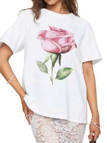 Women's Loose Tops Summer Causal Fruit Print/Rose Print Loose Round Neck Half Sleeve T Shirt