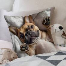 TOPSSCTR 1 față de pernă cu imprimeu vintage cu buldog francez, imprimare pe o singură față, lavabilă la mașină, închidere cu fermoar, material poliester, potrivită pentru diverse camere - ideală pentru Crăciun, Anul Nou, Ziua Îndrăgostiților (inserția de pernă nu este inclusă), față de pernă decorativă - Maro - Vizualizare 5
