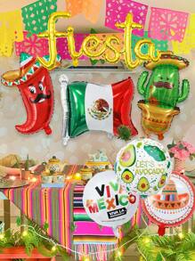 7pcs Mexican Fiesta Balloon Party Decorations Including Gold Fiesta Banner, Cactuses, Chilies, Sombrero, Avocado Balloons