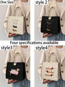 三只腊肠犬图案亚麻手提包，纽扣装饰手提包，简约大容量手提包，便携休闲收纳手提包，教师节礼品袋，教师答谢收纳袋，适合女性，日常使用，约会，生日，节日，返校，秋冬，度假，旅行，通勤，商务，学生，野餐，露营，超市，日常收纳，腊肠犬包，创意圣诞礼物创意 - 米色 - 查看 2