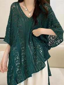 1pc Women Loose Knitted Cover Up Shawl, Thin Lightweight Hollow Out V-Neck Kimono Summer Cover Up For Dress - Khaki - View 4