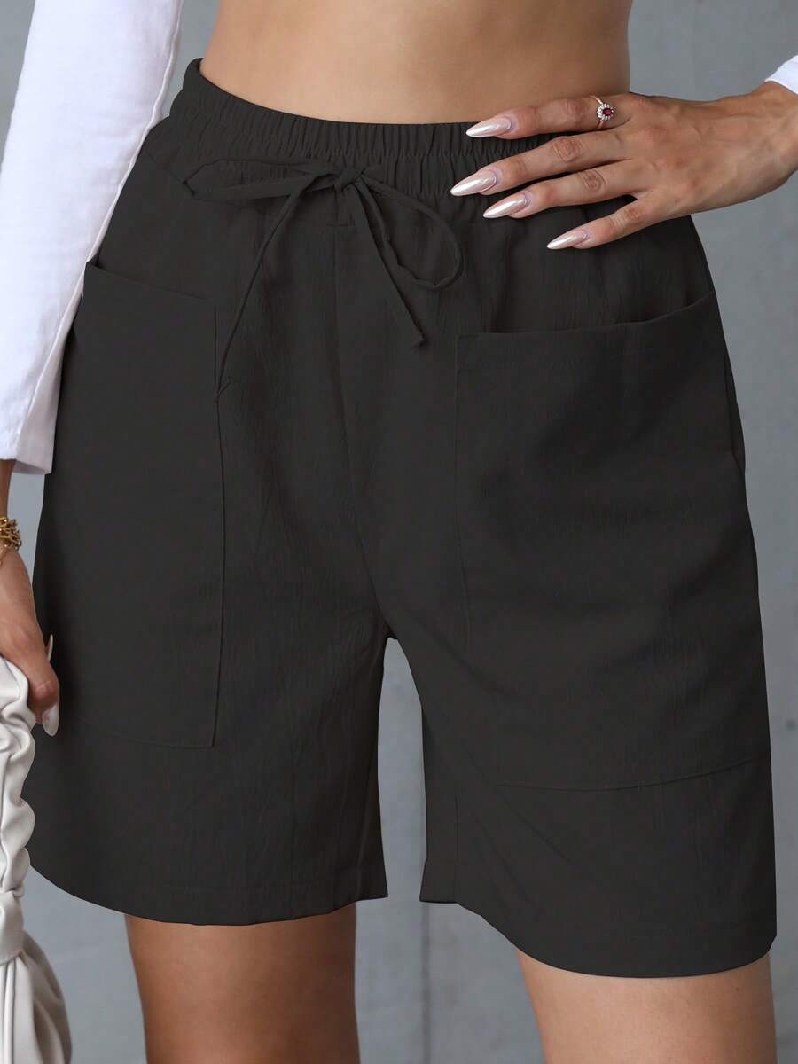 Women's Summer New Minimalist Black Shorts With Large Pockets And Drawstring, Casual Pants - Black - View 1
