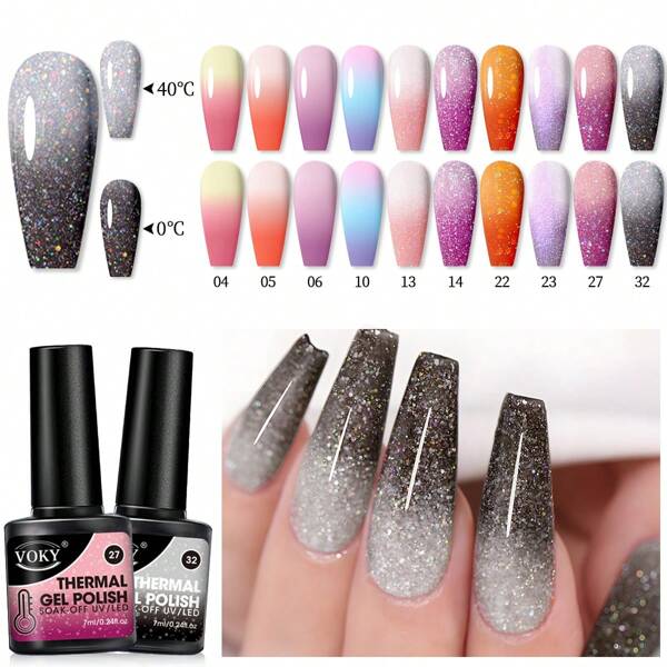 VOKY 10pcs Thermal Nail Gel Polish Set - Color Changing, Glittery Soak Off Gel For Manicure & Nail Art, Long-Lasting Salon Quality, Liquid Form, Alcohol-Free, Nail Art Accessories