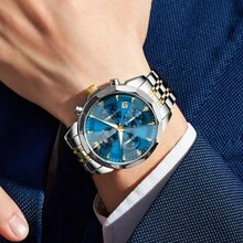 OLEVS. OLEVS Watches For Men Business Dress Luxury Casual Chronograph Multifunction Analog Quartz Stainless Steel Waterproof Luminous Moon Phase Date Men Wrist Watches Reloj Para Hombre - 藍色 - 查看 2