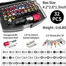 32pcs Compact Screwdriver Bit Set, Includes Hex, Flat, Pentalobe, And Star Bits - Durable Stainless Steel, Color Coded For Easy Identification, With Electric Screwdriver Adapter, Short Bits, And Storage Case