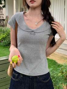 Yellow Short Sleeve Peter Pan Collar Fitted Solid Color Cropped Top For Women, Summer, Versatile Casual Spring - Grey - View 3