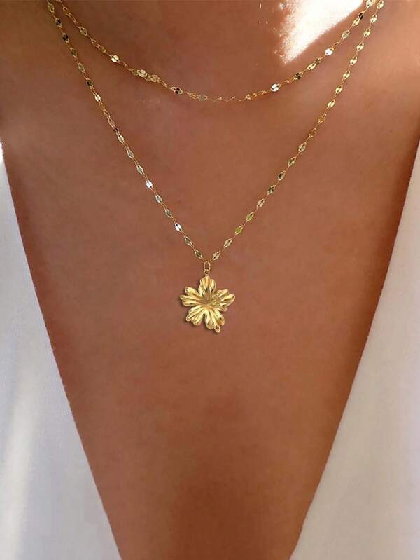 1pc Stainless Steel 18K Gold Plated Double Layer Floral Pendant Necklace, Elegant & Versatile Daily Decoration For Women