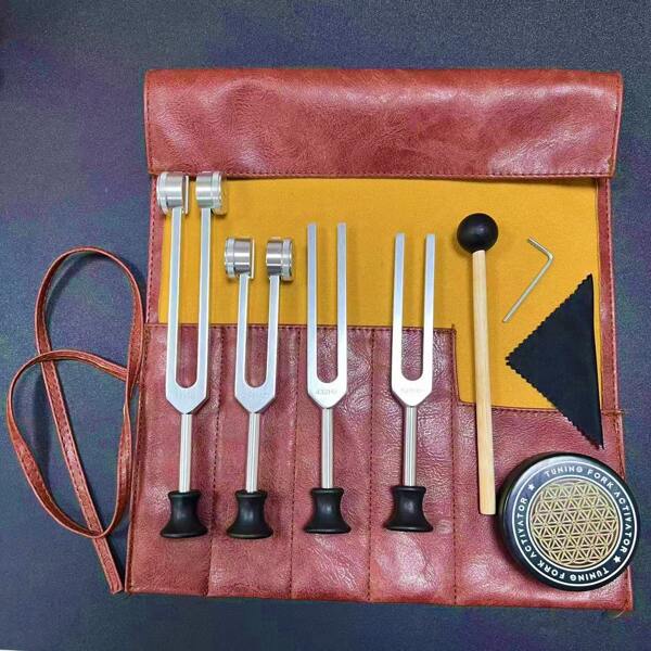 Professional 128Hz, 256Hz, 432Hz, 528Hz Tuning Forks Therapy Set For Yoga & Meditation - Weighted Body Forks For Frequency Relaxation, Leather Bag 3-Piece Combo Set