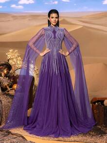 Faeriesty 奢华珠饰晚礼服，饰以几何图案和飘逸的珠饰刺绣，配以轻盈飘逸的雪纺垂袖，及地长裙，适合正式晚宴、婚礼和高端红毯活动。优雅派对之选。 - 紫色 - 查看 3