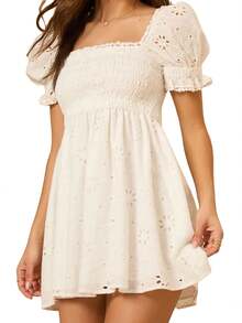 Women's Short Puff Sleeve Dress Solid Color Eyelet Shirred Bust Square Neck Mini A-Line Dress - White - View 6