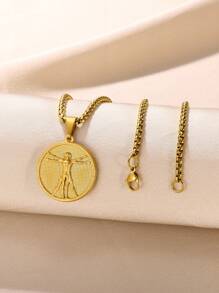 1Pc Vintage Style Da Vinci Vitruvian Man Necklace, Vitruvian Man Round Pendant Necklace, Stainless Steel Necklace, Charm Jewelry Fashion Accessories, Gift For Her/Him
