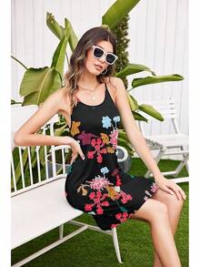 Women's Racerback Sleeveless Nightgown, Sleepwear - Black Red Flower - View 2