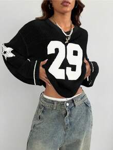 大码女式V领数字图案镂空落肩长袖毛衣，秋季时尚单品