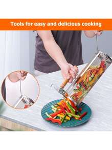 1 pièce Cage de gril de barbecue en acier inoxydable, panier de grill rotatif, filet de cuisson de barbecue portable, filet de barbecue circulaire pour légumes, frites, poisson, crevettes, convient pour les paniers de barbecue d'extérieur, les grils de barbecue de camping d'extérieur, l'équipement de pique-nique de camping, les petits accessoires de cuisine, avec des crochets anti-brûlure