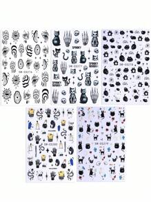 Pegatinas de uñas de 3D Halloween con gato negro, fantasma, serpiente, huesos de mano, pétalos de margarita, líneas de graffiti irregulares, setas, ojo malvado, lágrimas del diablo - 5 piezas - Decoración de manicura para salón - Suministros de uñas para autoadhesivo de esmalte de gel - Diseños otoñales e invernales Y2K