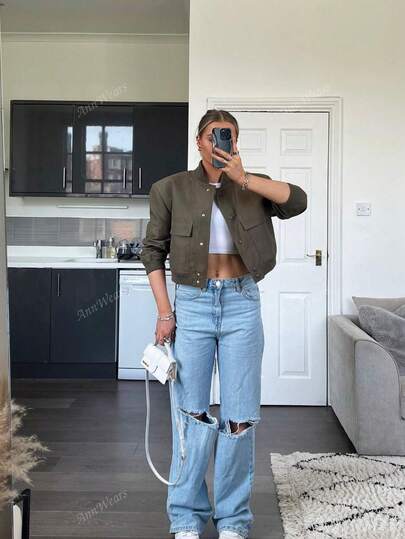 Chaqueta militar corta con bolsillos y botones para mujer, adecuada para primavera y otoño. Nueva chaqueta informal tipo cortavientos corta de otoño para mujer