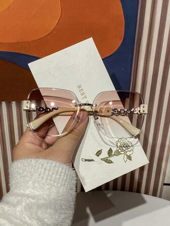 1 副女士渐变色无框方形复古别致高端性感优雅时尚眼镜，适合街头风格、日常穿着、度假旅行