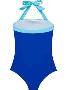 Women Sexy Tummy Control One Piece Swimsuit Halter Retro Bathing Suit - 68 Blue Color Block - View 5