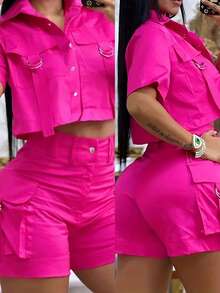 Polyester Casual Solid Color Shorts Set, Outdoor Women Woven Fabric 120g