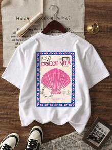 1 pièce T-shirt graphique à manches courtes et col rond décontracté pour filles, tenue estivale d'étudiante - motif coquillage et tampon, conception artistique de T-shirt inspirant l'imagination et l'expression de soi