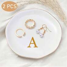 2 PCS Letters Pattern Ceramic Jewelry Tray, Asymmetrical Round Jewelry Storage Dish, Ring, Necklace, Earrings Collection Storage And Display, Wedding Souvenirs Gift For Wedding Souvenirs Day Mother's Day For Women Storage Organizer Travel Essentials Gift - Multicolor - View 12