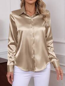 Klasyczna jednokolorowa bluzka koszulowa z długim rękawem dla kobiet, elegancka odzież biurowa 2025 Nowość