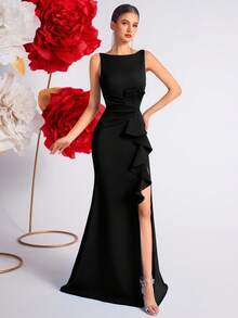 Elisanya Đầm dự tiệc cocktail hở lưng xẻ tà cạp cao đơn giản - màu đen - Xem 5