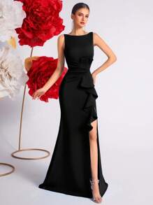 ADYCE Vestito da cocktail/sera con vita alta, arricciature sul davanti, spacco e schienale aperto