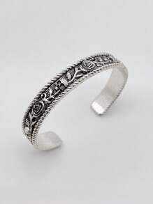 1pc Vintage Adjustable Skull & Rose Floral Engraved Bangle Bracelet, Rocks/Casual Style For Men