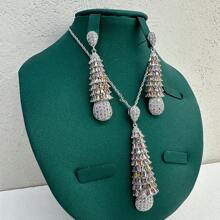 2 pièces Ensemble de collier de banquet de luxe et de boucles d'oreilles du Moyen-Orient de Dubaï pour femmes, parure de bijoux quotidiens de mariage de mariée d'Arabie Saoudite avec micro-incrustation de zirconium coloré