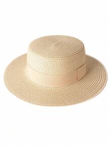 1pc Flat Top Flat Brim Beige Woven Straw Hat - Beige + Rice Ribbon - View 5