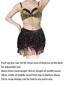 Conjunto de sujetador de danza del vientre con lentejuelas brillantes y cadena de cintura con flecos para mujer, disfraz de carnaval - Multicolor - Ver 10