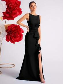 ADYCE Vestito da cocktail/sera con vita alta, arricciature sul davanti, spacco e schienale aperto