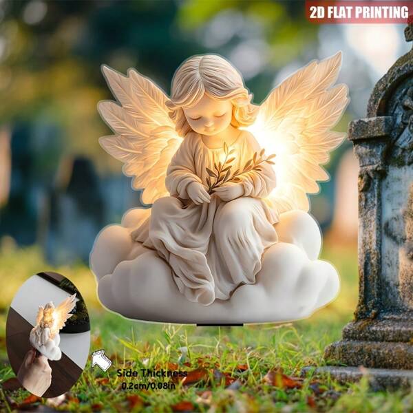 1 PC 2D Flat Acrylic Printing Eternal Light Angel And Olive Branch Acrylic Garden Pile For Peace In Heaven, For Memorial & Cemetery, Festive Outdoor Decoration, For All Seasons.