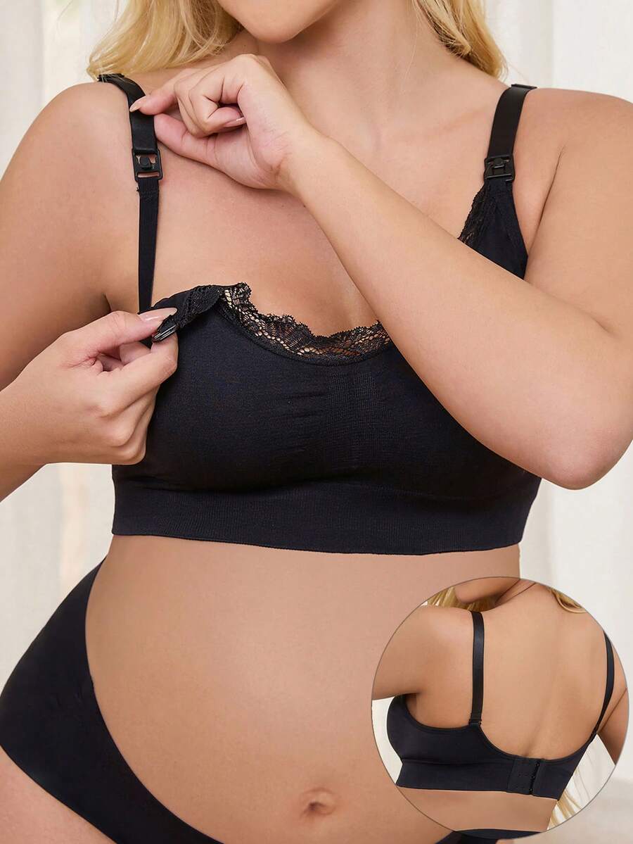 Women Lace Patchwork Front Closure Nursing Bra, Sexy Maternity Bra With Padded, Comfortable Lightweight