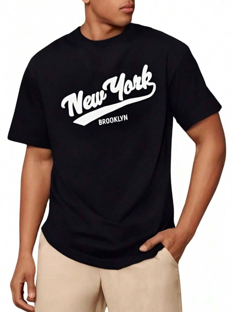 Camiseta de cuello redondo con estampado de letras para hombres Verdusa, camisetas sueltas de manga corta - Negro - Ver 1