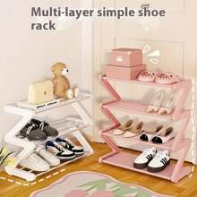 1pc 4-Layer Z-Shaped Shoe Rack, Easy To Assemble, Metal Tube And Plastic Bracket, Stackable Storage Organizer, Suitable For Home, Dormitory And Living Room, Space Saving Floor Design, Shoe Storage Organizer