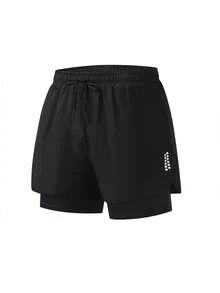 2-In-1 Women's Sports Geometric Pattern Shorts - 95% Polyester, 5% Spandex Blend, Slightly Stretchy, Woven Sports Casual Shorts, Suitable For Fitness, Exercise, Running, Spring, Summer, Autumn - Black - View 11