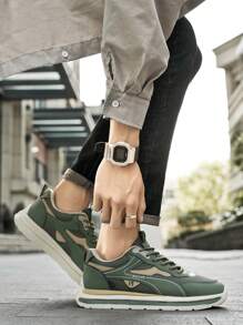 Flipark 1 Pair Men's Casual Everyday Comfortable Sneakers, Men's Colorblock Mesh Breathable Lace-Up Low-Top Athletic Shoes, Thick Sole Casual Style, Multiple Colors (Green / Black / White), Mesh + Leather Trainers