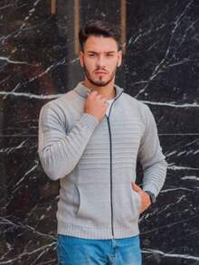 Men's Winter Coat Wool Knit Men's Jacket With Pocket And Zipper - Grey - View 1