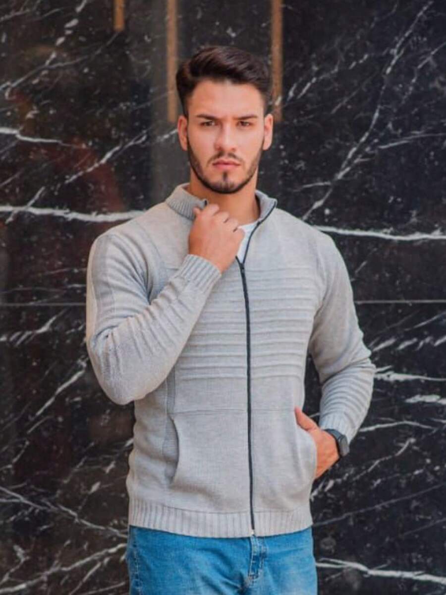 Men's Winter Coat Wool Knit Men's Jacket With Pocket And Zipper - Grey - View 1