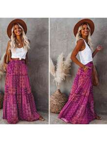 Women's New Bohemian Style High Waist Skirt, Loose Casual Elegant Color Block Floral Print Patchwork Lace Hem Skirt, Spring/Summer - Màu đỏ tím - Xem 8