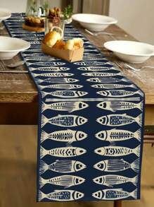 1pc Fish Pattern Table Runner, Modern Style, Faux Linen Material, Available In 33*91cm, 33*183cm Or 33*274cm Sizes, Ocean Theme Home Decor Indoor/Outdoor Party Supplies, Birthday Party Decorations, Room Decor. Suitable For Kitchen Decoration And Event Parties.