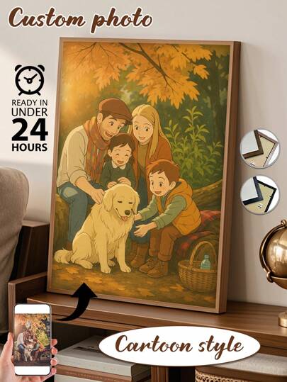 1 Pc, Framed, Custom Canvas Painting, Personalized Photo Poster, Cartoon Style, HD Printing, Preserving Memories, Saving Beautiful Moments, Birthday Party, Anniversary, Unique Perfect Art Gift