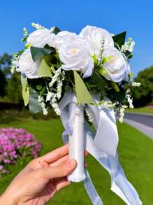 1 Stück Braut/Brautjungfer Rosenstrauß, Seidige Schleife & Künstliche Perlenrose, romantisches Hochzeits-/Valentinstagsgeschenk, Bridal-Shower/JGA, Hochzeitszeremonie Fotorequisiten, Jahrestags-Antrag