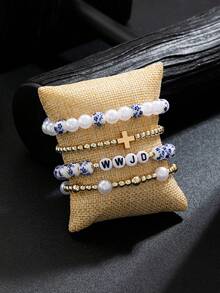 4pcs Fashion Metal Ceramic Faux Pearl CCB Cross Friendship Elastic Bracelet, Multi-Layer Bracelet WWJD (What Would Jesus Do) - Multicolor - View 2