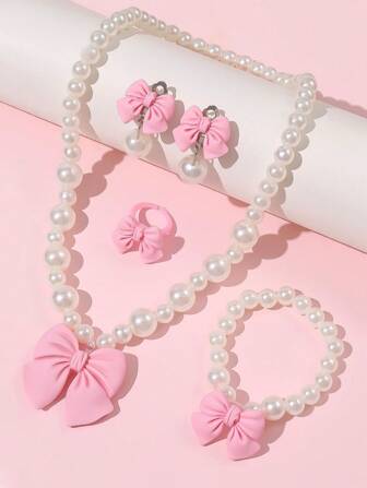 Set de 5 piezas de joyas para niñas con collar, pulsera, aretes y anillo con perlas y lazos, minimalista y versátil