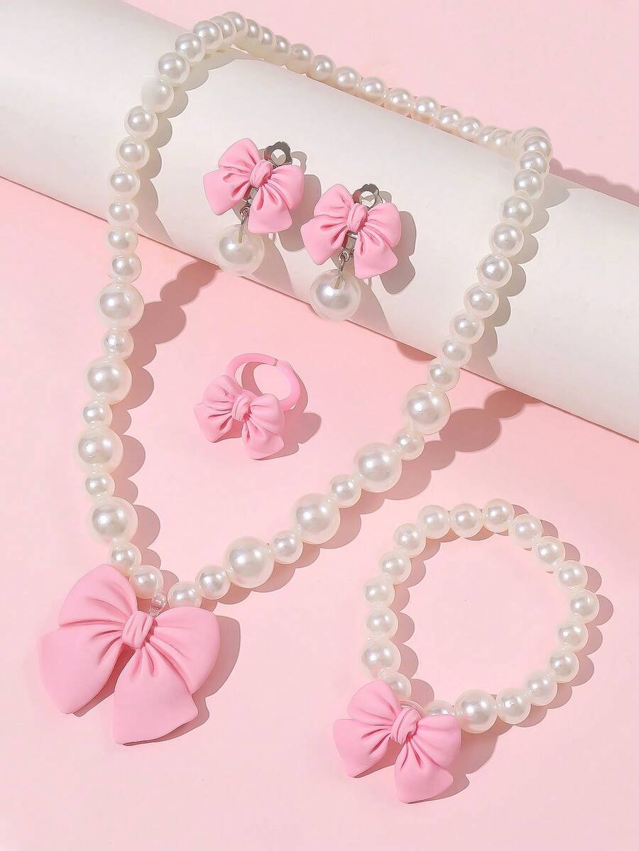 5 件/套女孩可爱珍珠蝴蝶结项链手链耳环戒指首饰套装，简约百搭 - 彩色 - 查看 1