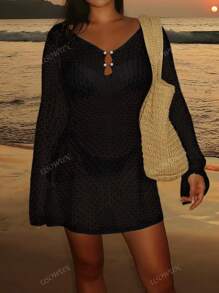 Women's Long Sleeve Hollow-Out Swimsuit Cover-Up, Elegant Boho Beach Vacation Style, V-Neck Short Dress