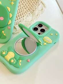 1pc Fashion New 3D Silicone Cartoon Dinosaur & Heart Design Mirror Stand Phone Case, Cute & Sweet, Shockproof Protective Cover Compatible With IPhone 11/12/13/14/15/16/Pro/Max - Green - View 5